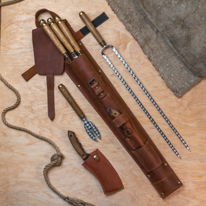 BBQ Skewer Set with Grill Cutter & Grill Chopper in Leather Case