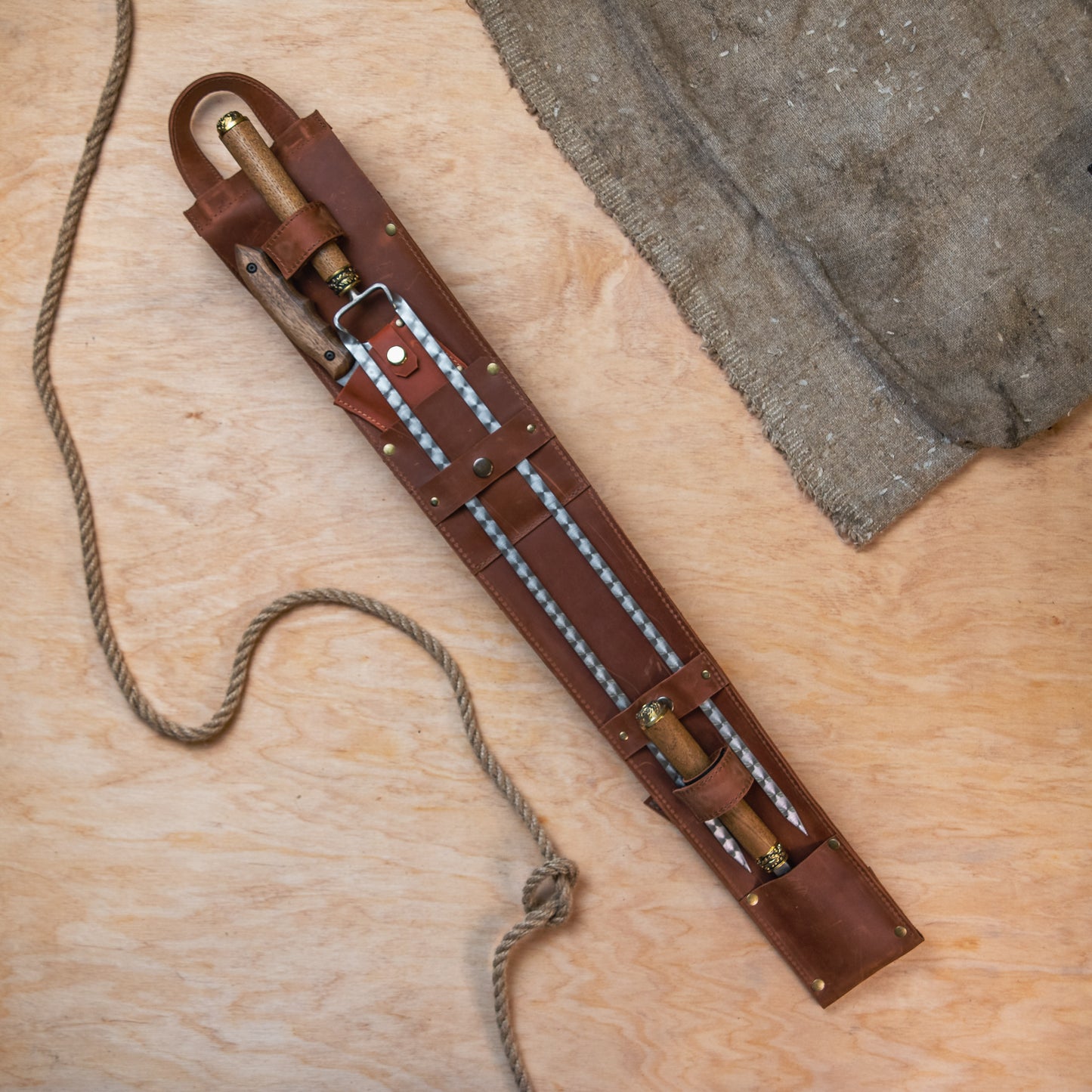 BBQ Skewer Set with Grill Cutter & Grill Chopper in Leather Case