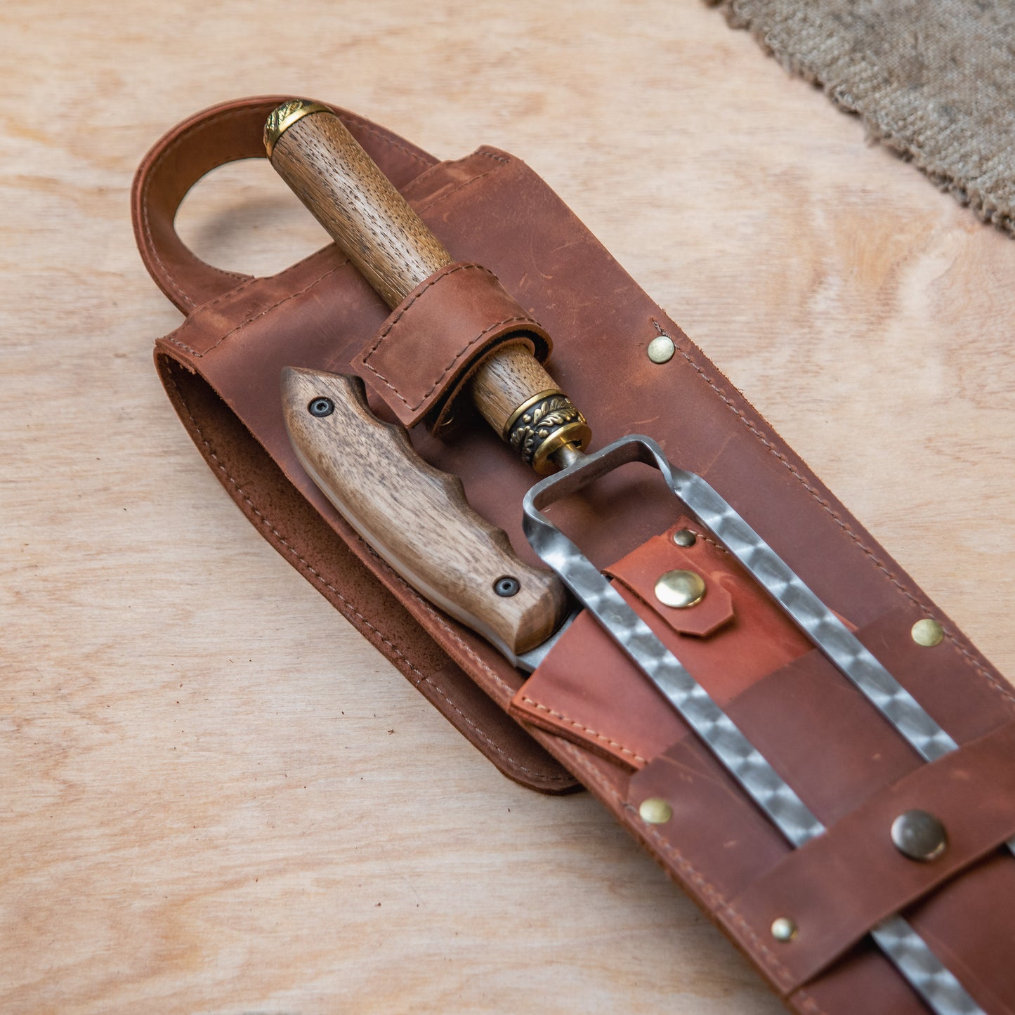 BBQ Skewer Set with Grill Cutter & Grill Chopper in Leather Case