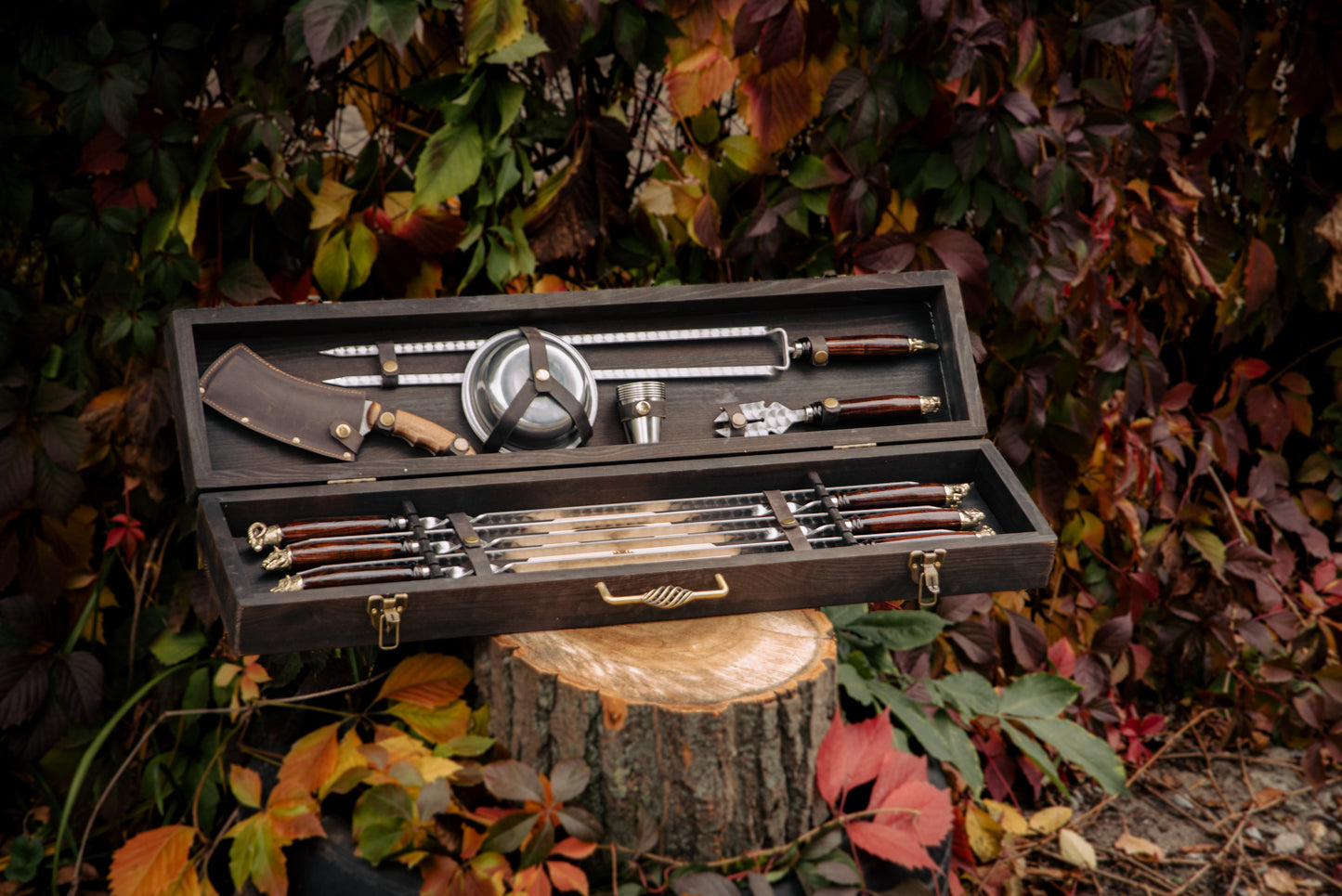“Halt” Handcrafted BBQ Skewer Set in Wooden Case